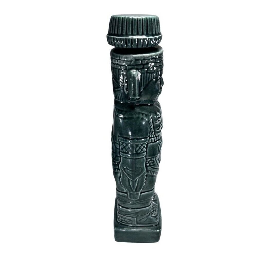 Vtg 1960 Ceramic Tiki Decanter Cork Shot Glasses Aztec Mayan Idol Green Set of 7 - Picture 3 of 16